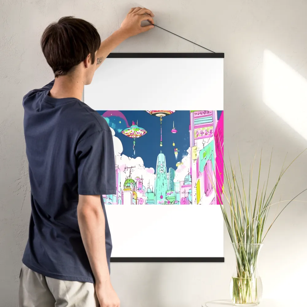 Futuristic Cityscape with Floating Structures | Poster With Black Wood Hanger | 24″×36″