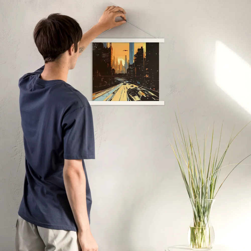 Metro Nexus: A Futuristic Cityscape | Poster With White Wood Hanger | 14″×14″