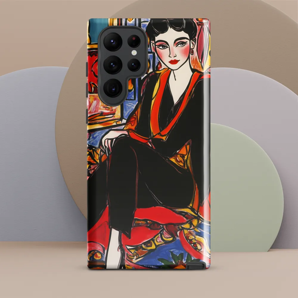 Ornamented Silence — Seated Portrait in Black and Red