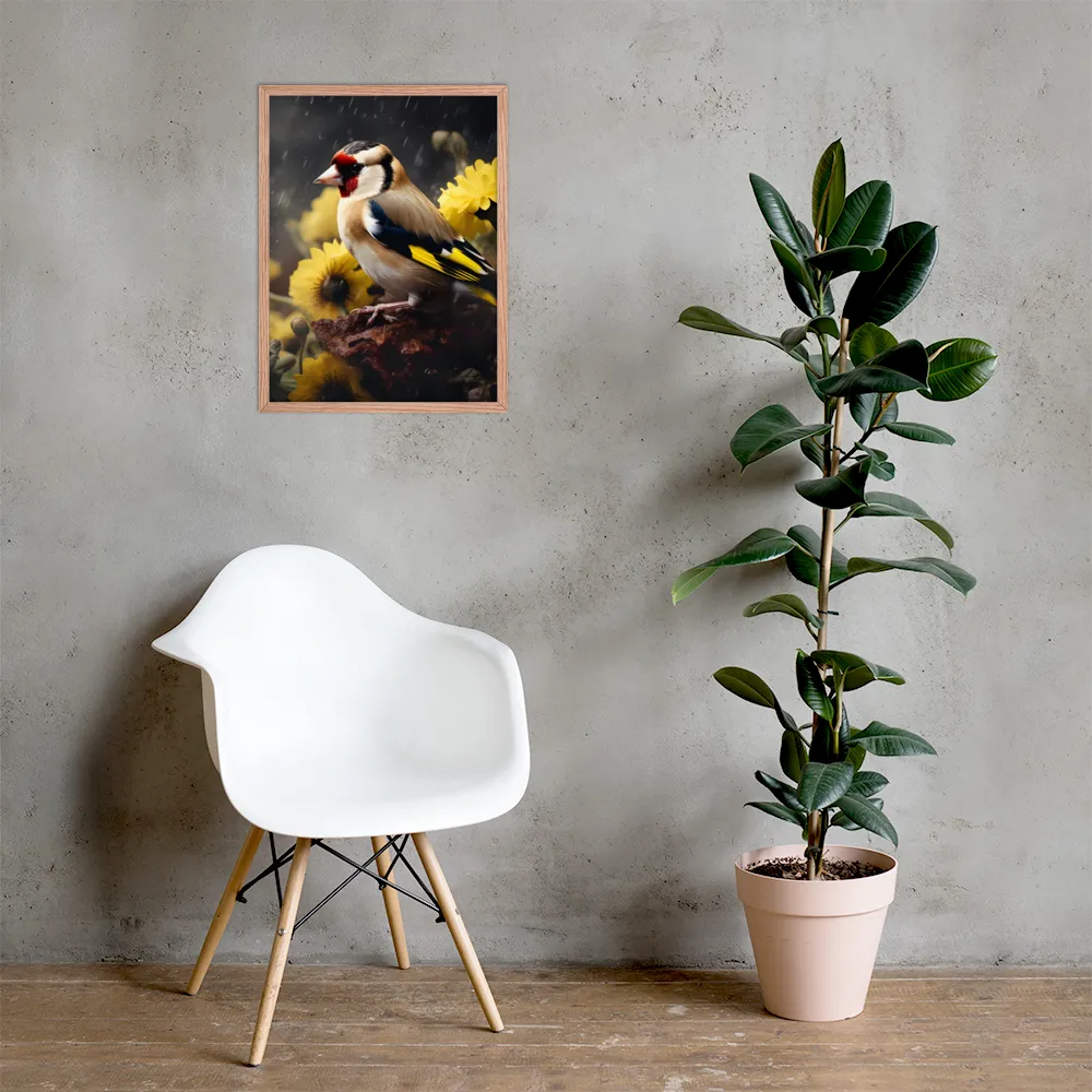 Harmony in Nature: A Goldfinch Amidst Blooms | Poster with Red oak Frame | 18″×24″
