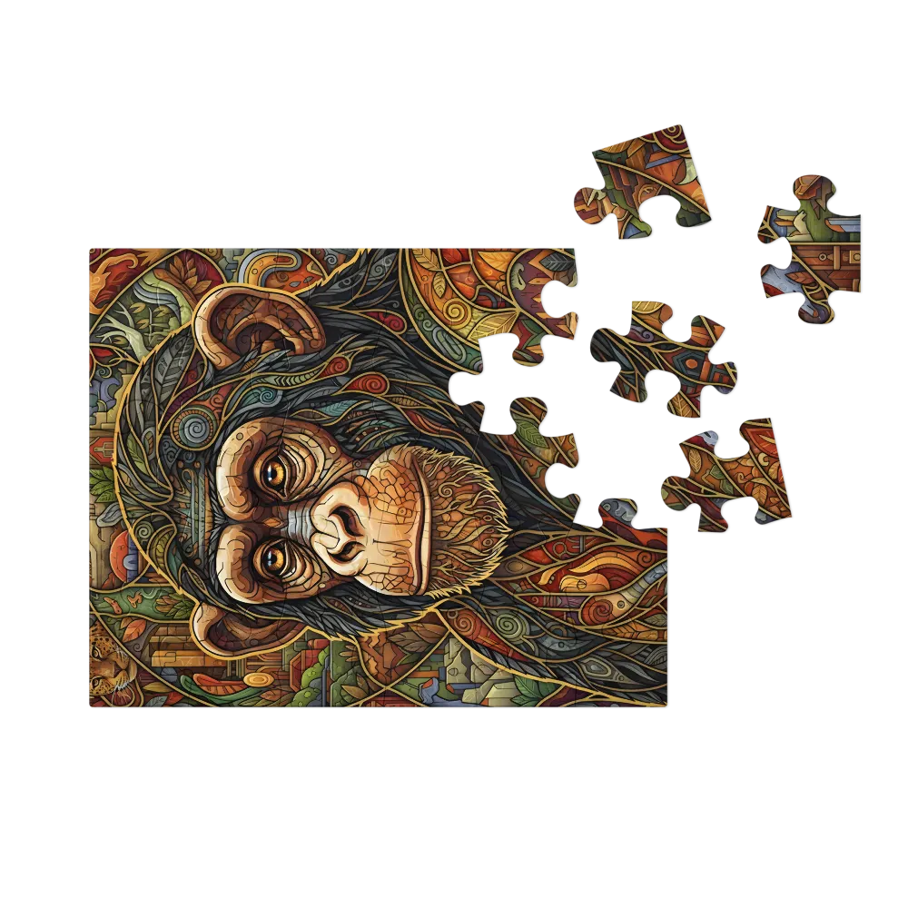 Stained-Glass Chimp 
 Jigsaw Puzzle in Tin Box