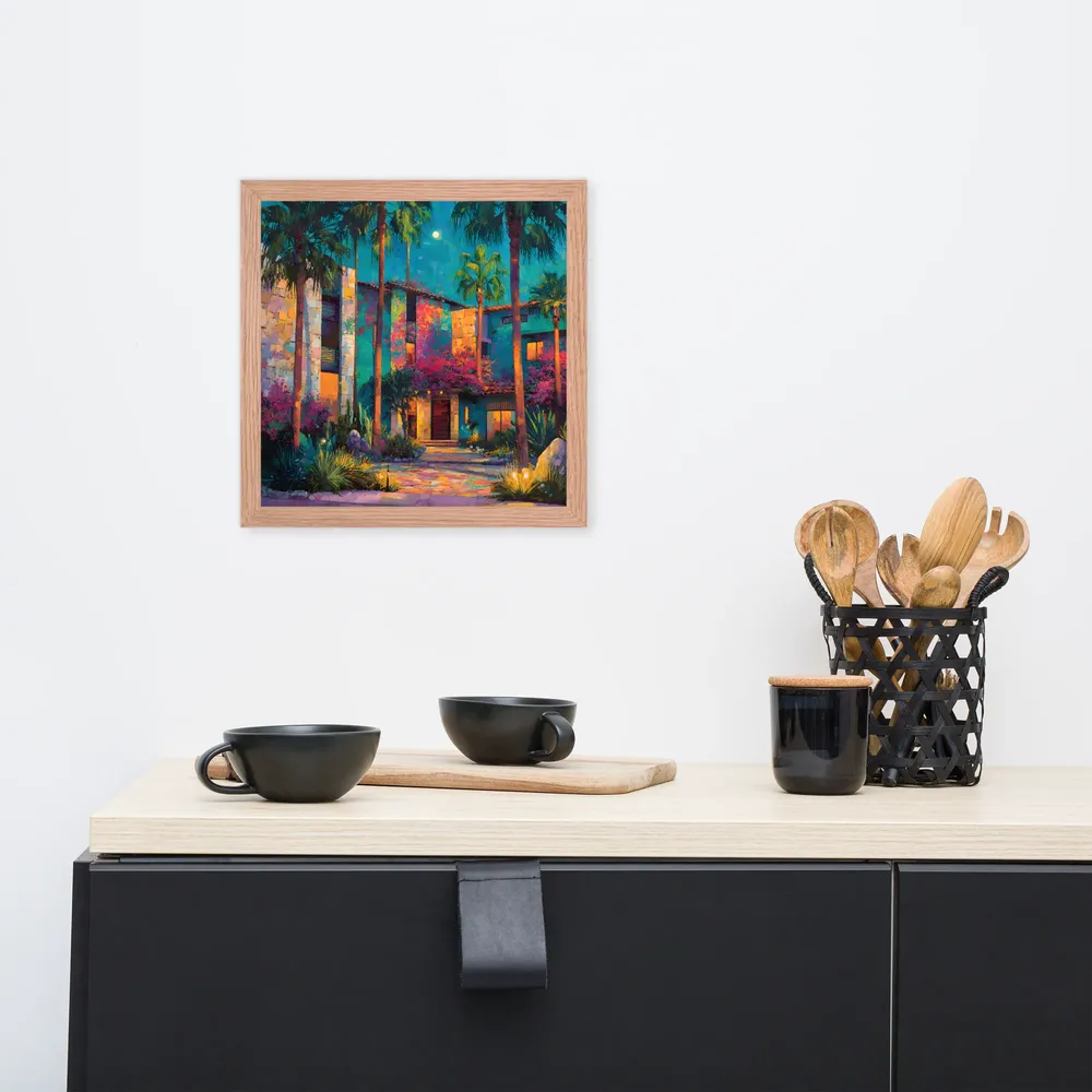 Moonlit Garden Courtyard 
 Poster with Red oak Frame | 12″x 12″