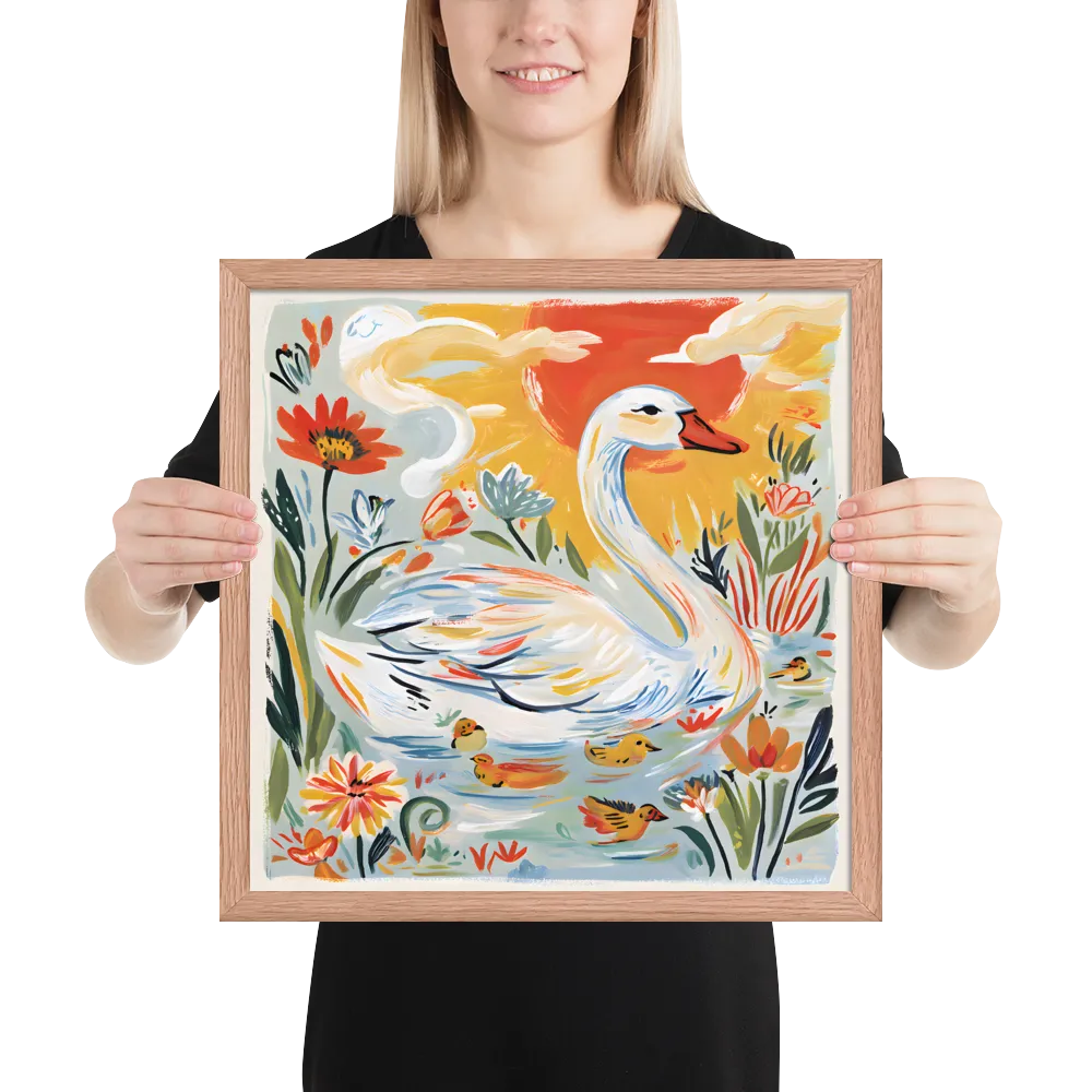 Swan and Ducklings 
 Poster with Red oak Frame | 16″x 16″