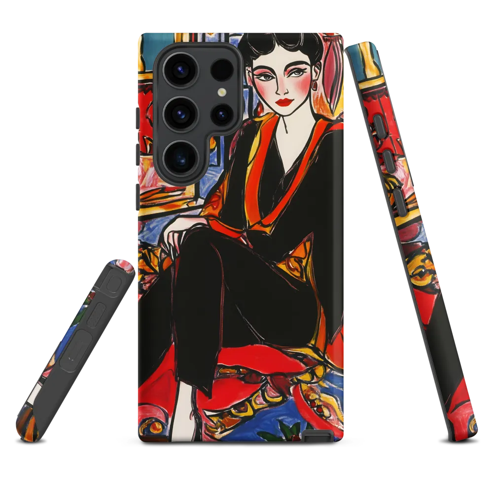 Ornamented Silence — Seated Portrait in Black and Red