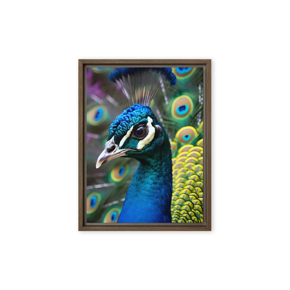 Regal Plumage: The Peacock's Splendor | Canvas with Brown Frame | 9″×12″