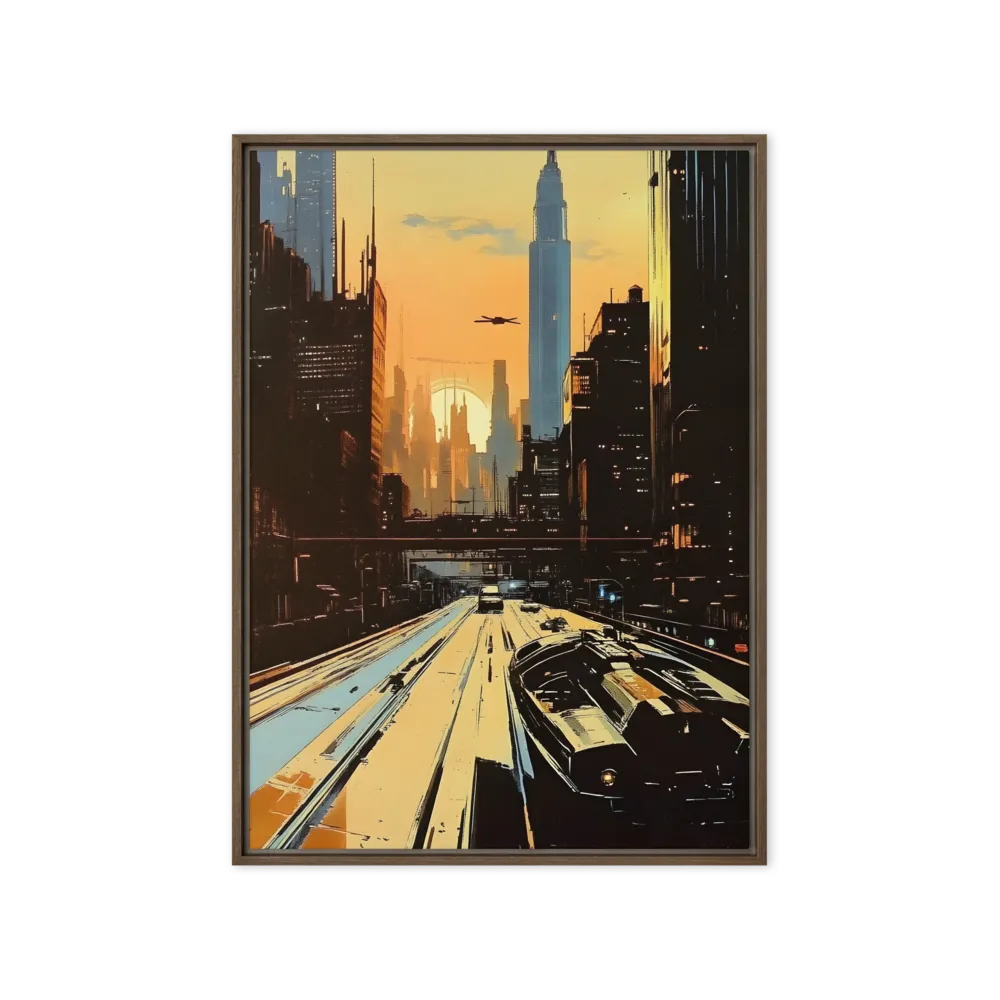 Metro Nexus: A Futuristic Cityscape | Canvas with Brown Frame | 20″×28″