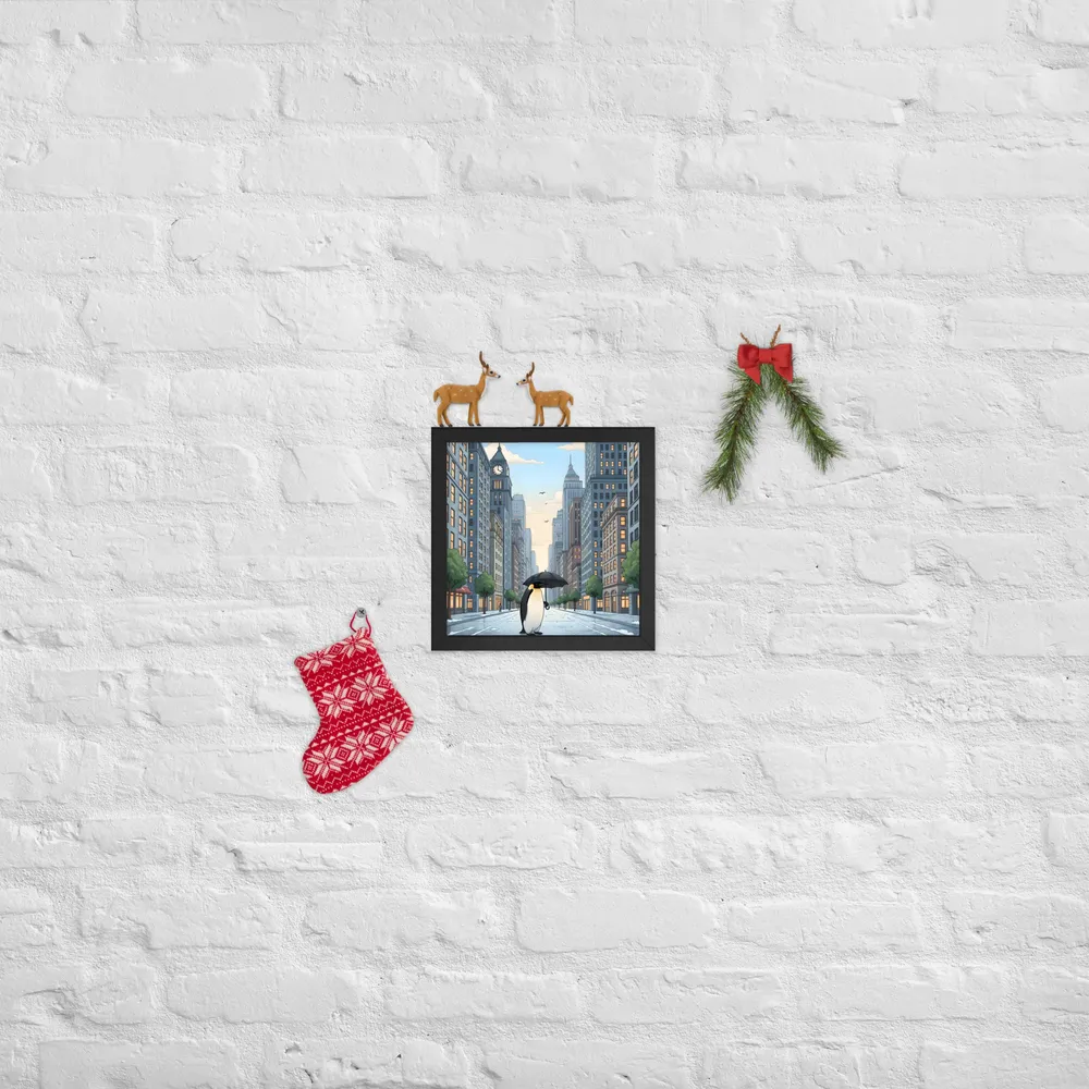 Penguin in the City 
 Poster with Black Frame | 10″x 10″