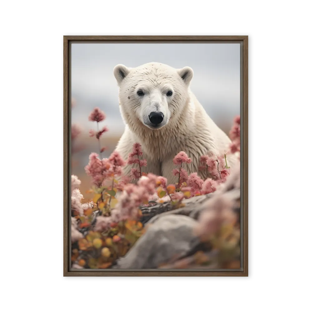 Curiosity Among Blooms: The Polar Bear | Canvas with Brown Frame | 24″×32″
