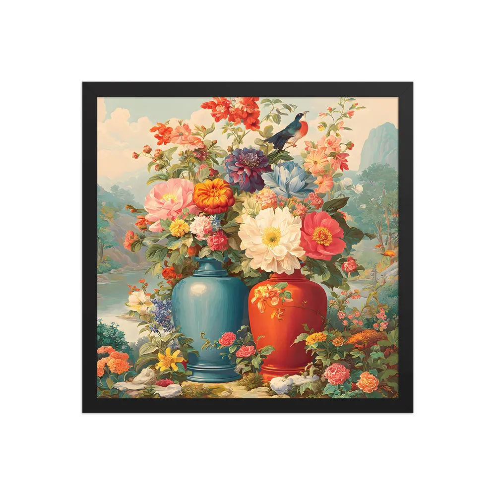 Twin Vases in Bloom 
 Poster with Black Frame | 16″x 16″