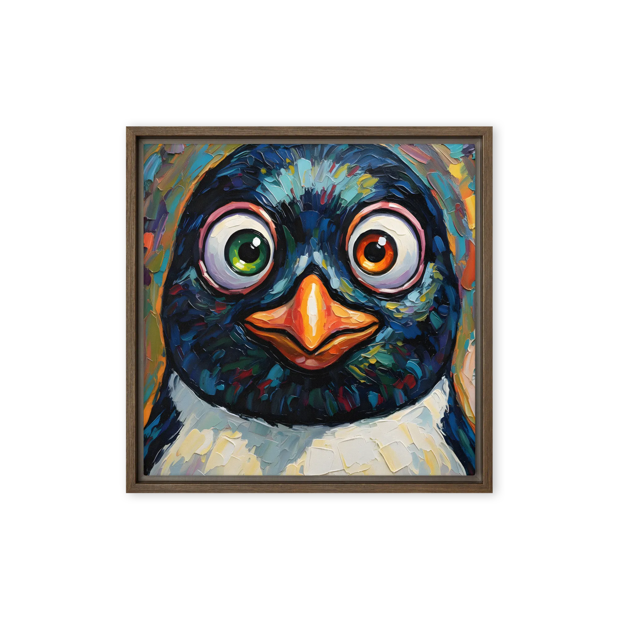 Wide‑Eyed Penguin 
 Canvas with Brown Frame