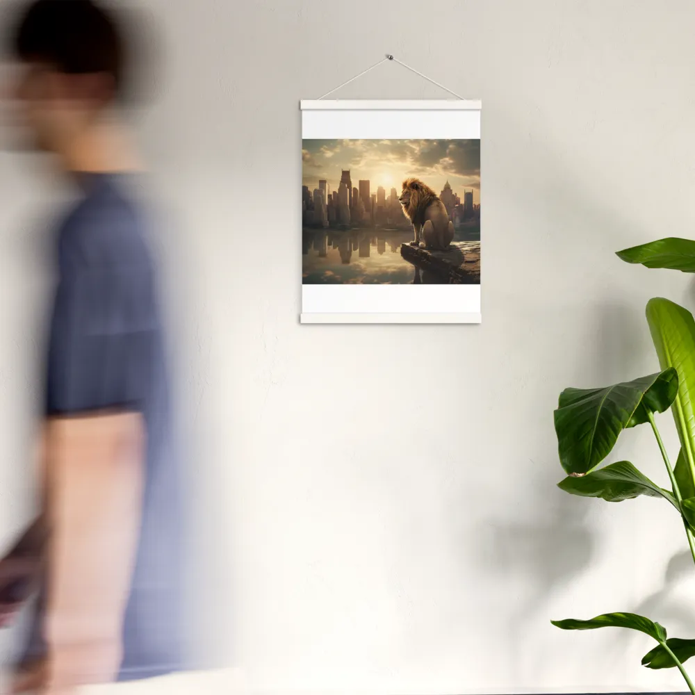 The Lion's Gaze Over the Urban Symphony | Poster With White Wood Hanger | 16″×20″