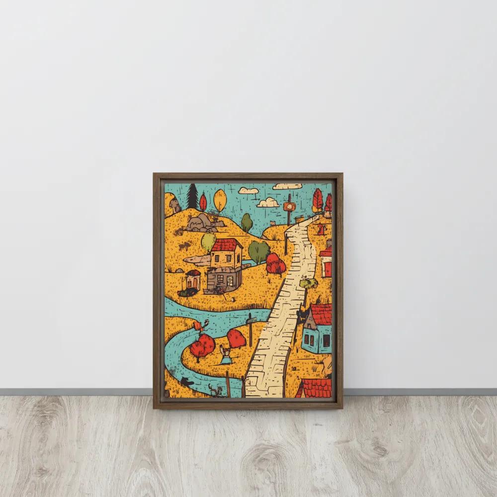 Whimsical Village Landscape | Canvas with Brown Frame | 11″×14″