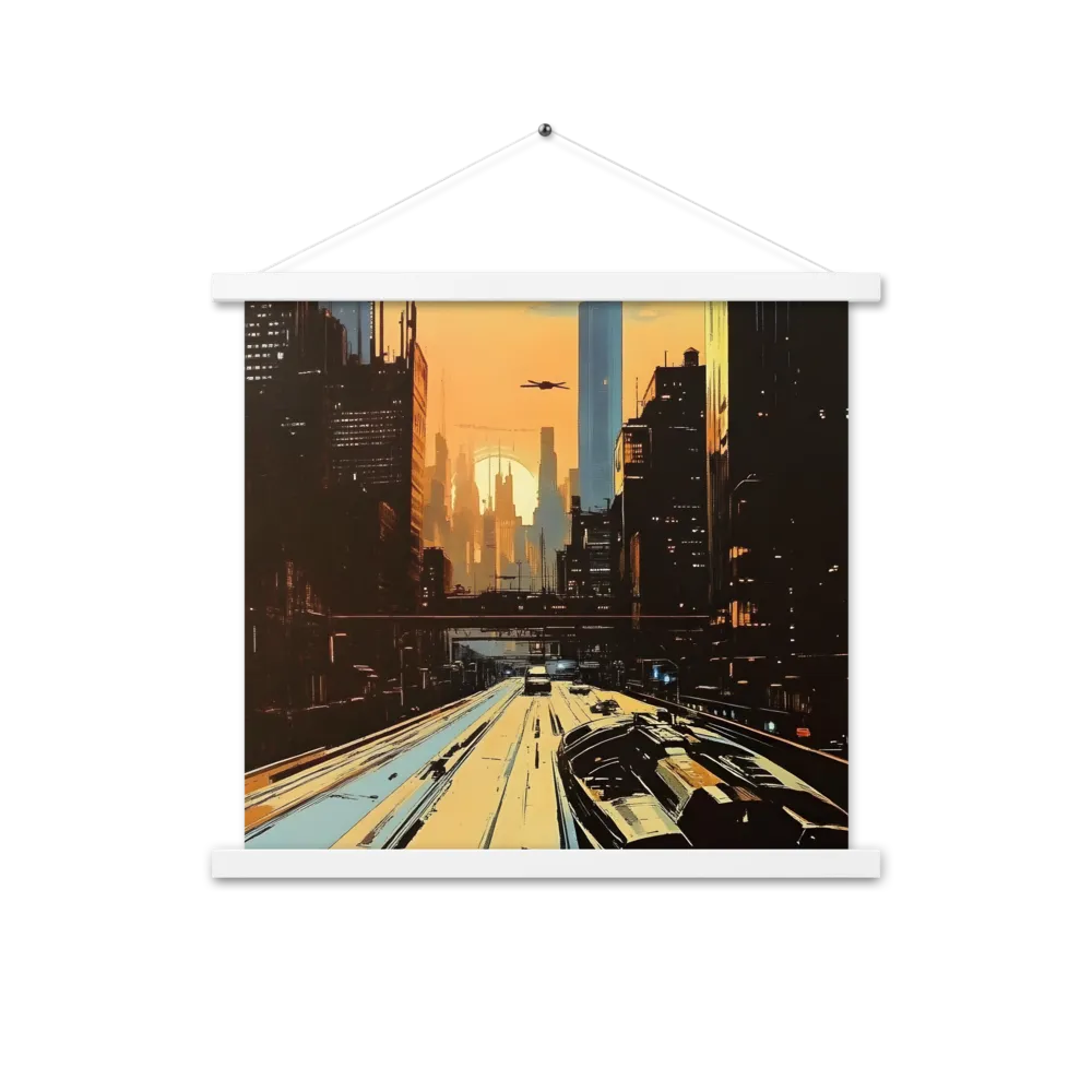 Metro Nexus: A Futuristic Cityscape | Poster With White Wood Hanger | 18″×18″