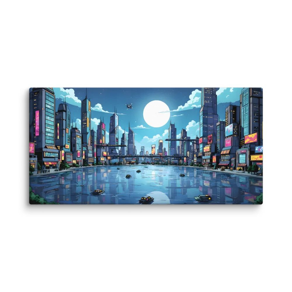 Neon Metropolis Reflection 
 Canvas | 16″x 32″