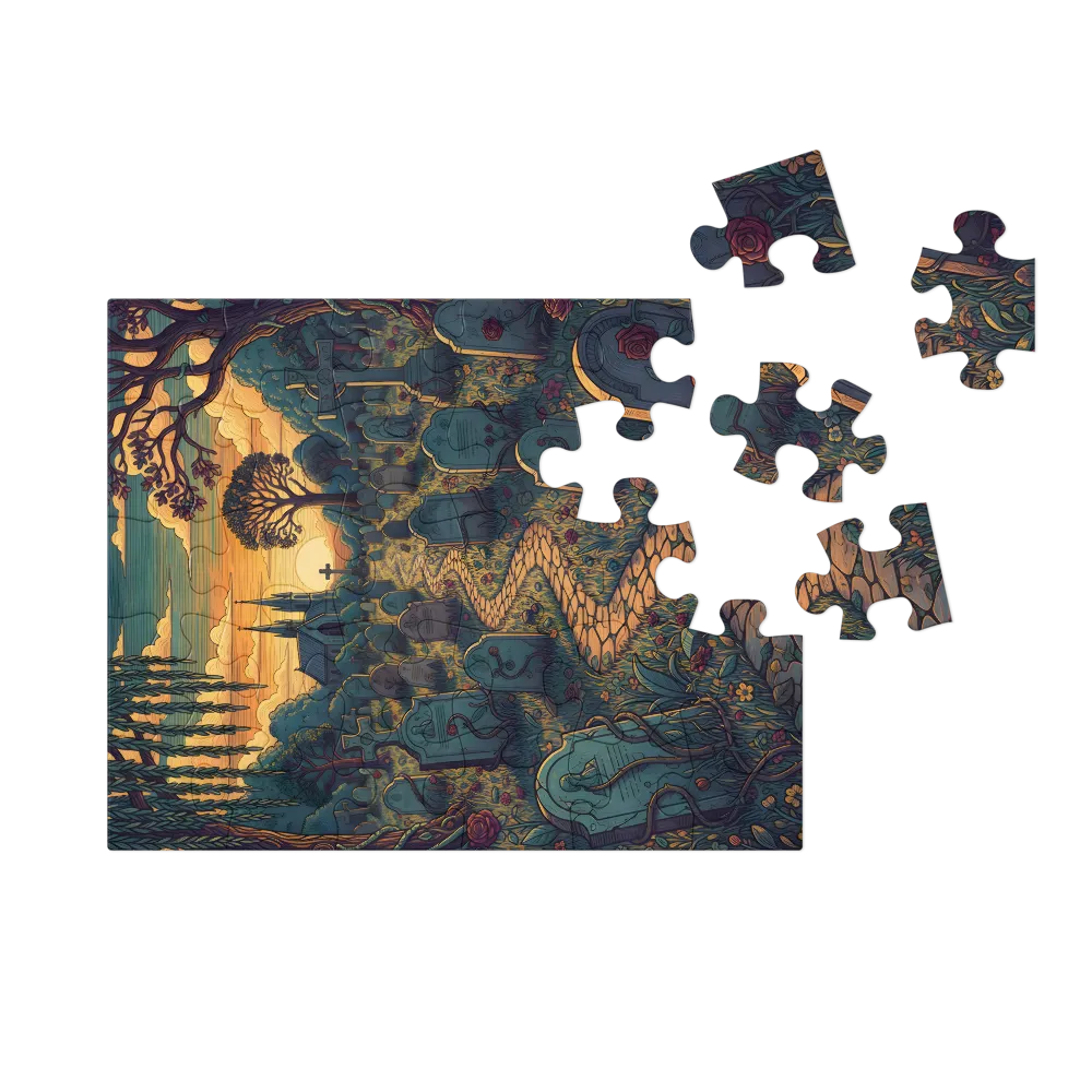 Sunset Graveyard Illustration 
 Jigsaw Puzzle in Tin Box