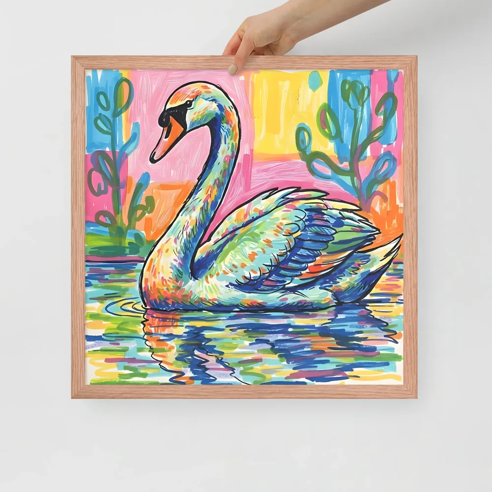 Prismatic Swan 
 Poster with Red oak Frame | 18″x 18″