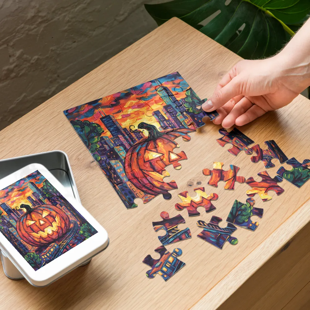 Jack-o'-Lantern Skyline 
 Jigsaw Puzzle in Tin Box