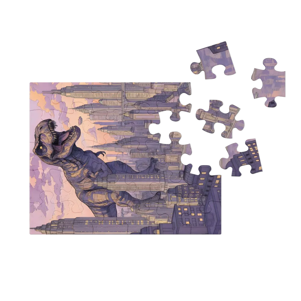 Twilight Tyrant — T. rex Cityscape 
 Jigsaw Puzzle in Tin Box