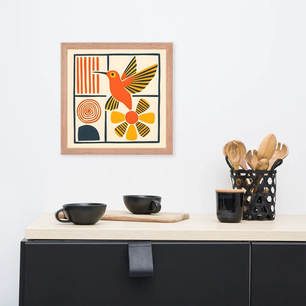 Hummingbird & Flower Panel 
 Poster with Red oak Frame | 14″x 14″