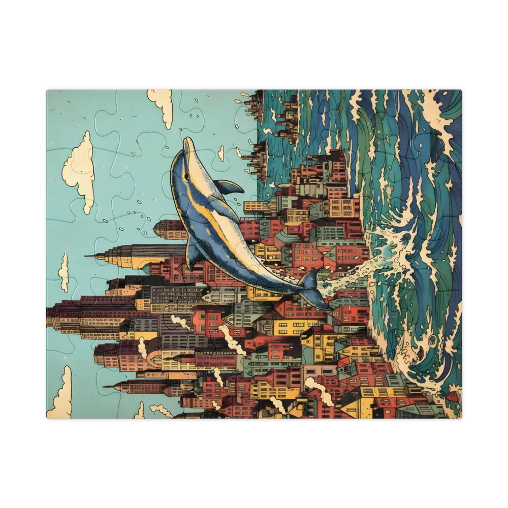 Dolphin Over City 
 Jigsaw Puzzle in Tin Box