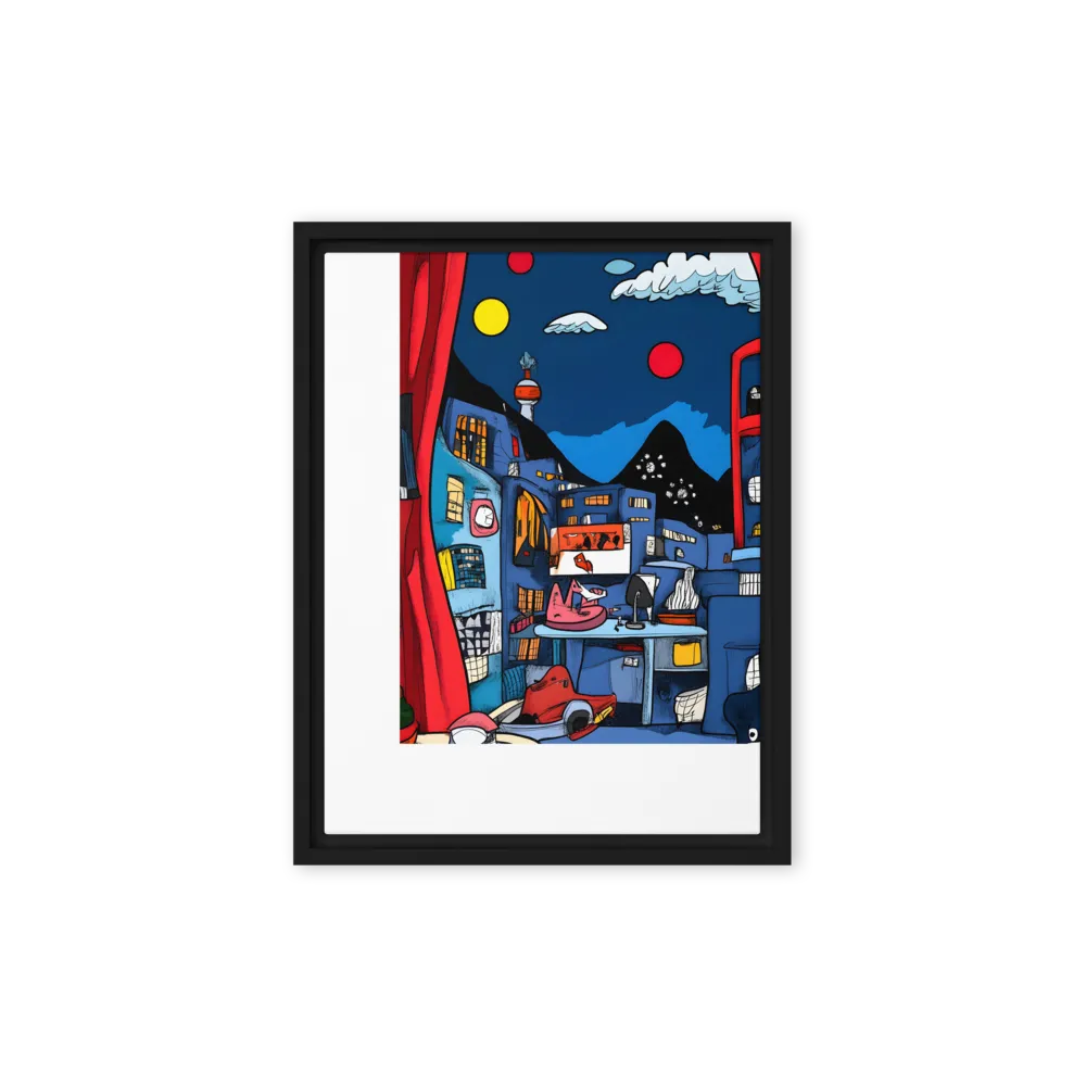 Whimsical Cityscape at Night | Canvas with Black Frame | 12″×16″