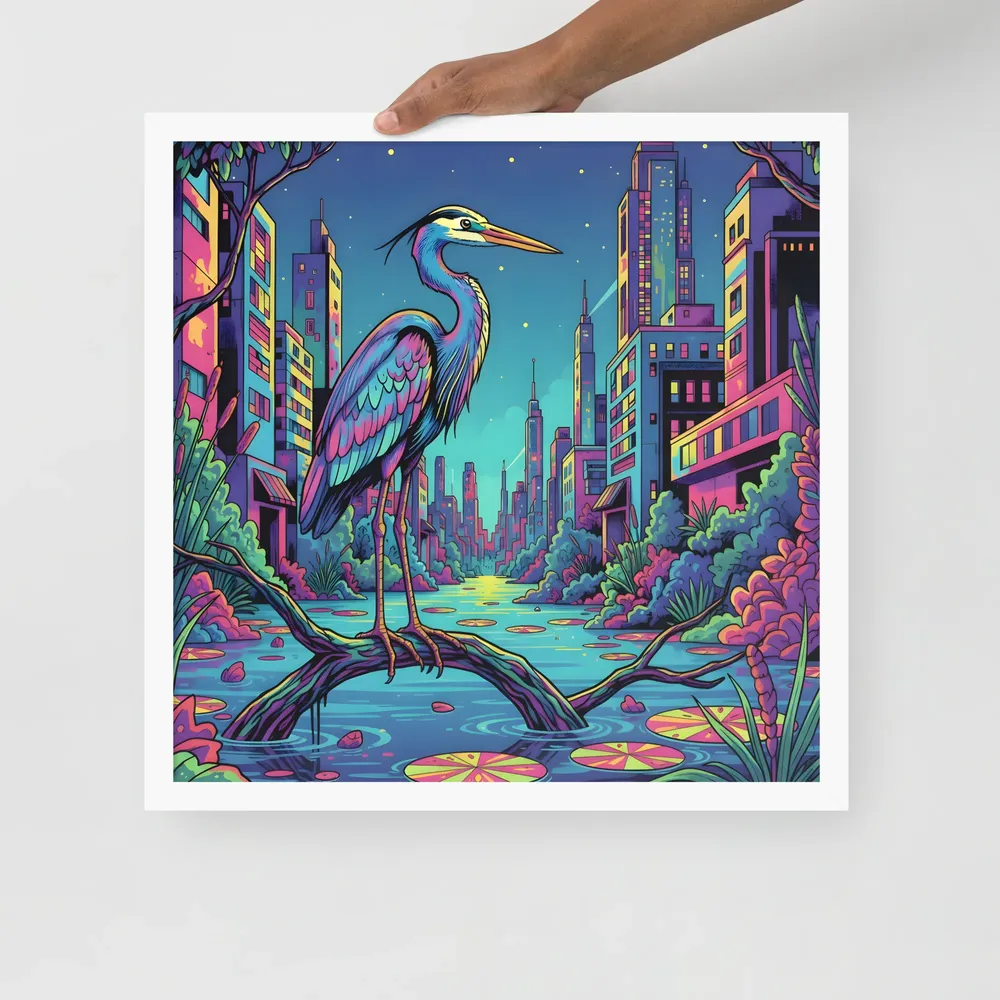 Neon Heron - Urban Twilight 
 Poster with White Frame | 18″x 18″