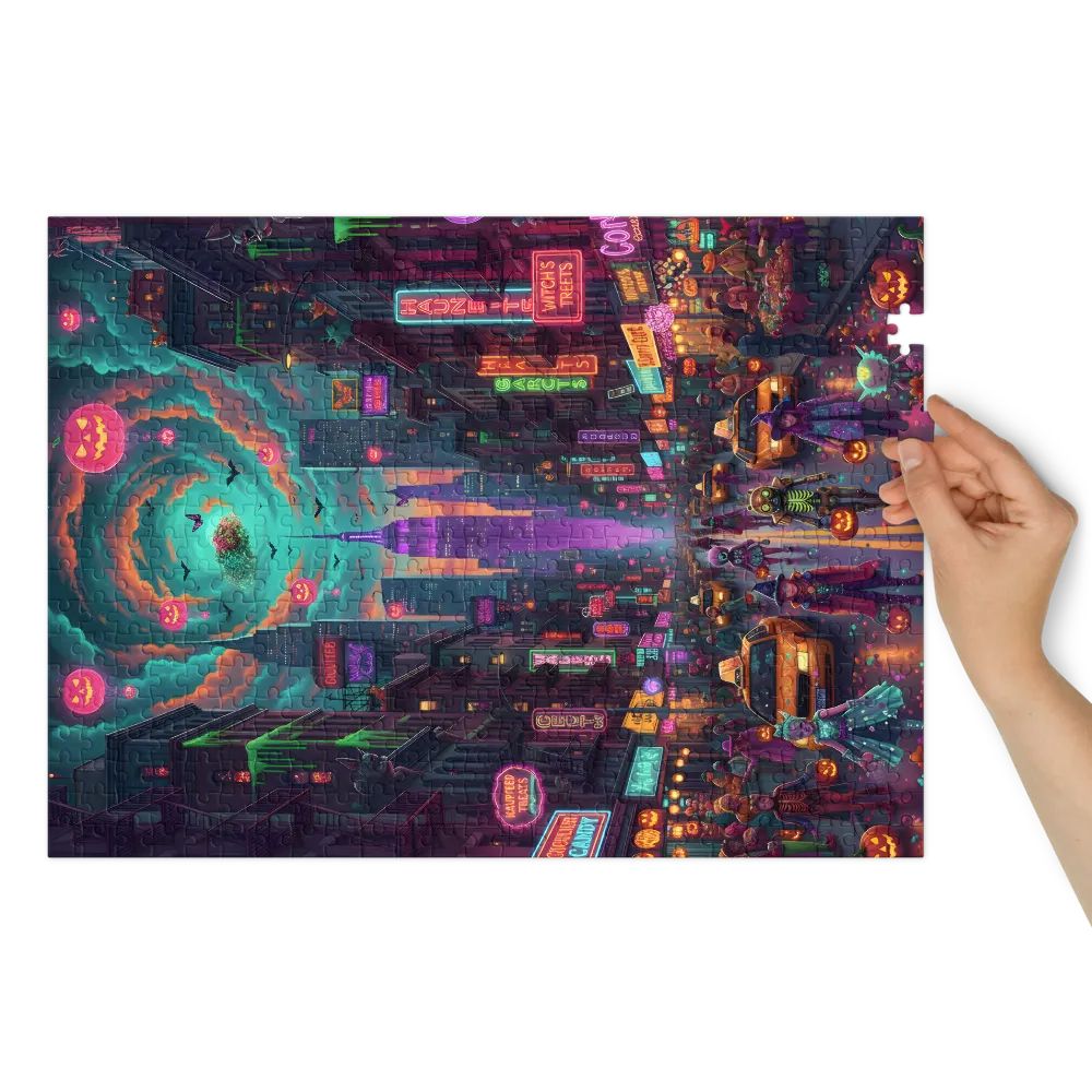 Enchanted Halloween City Celebration 
 Jigsaw Puzzle in Tin Box