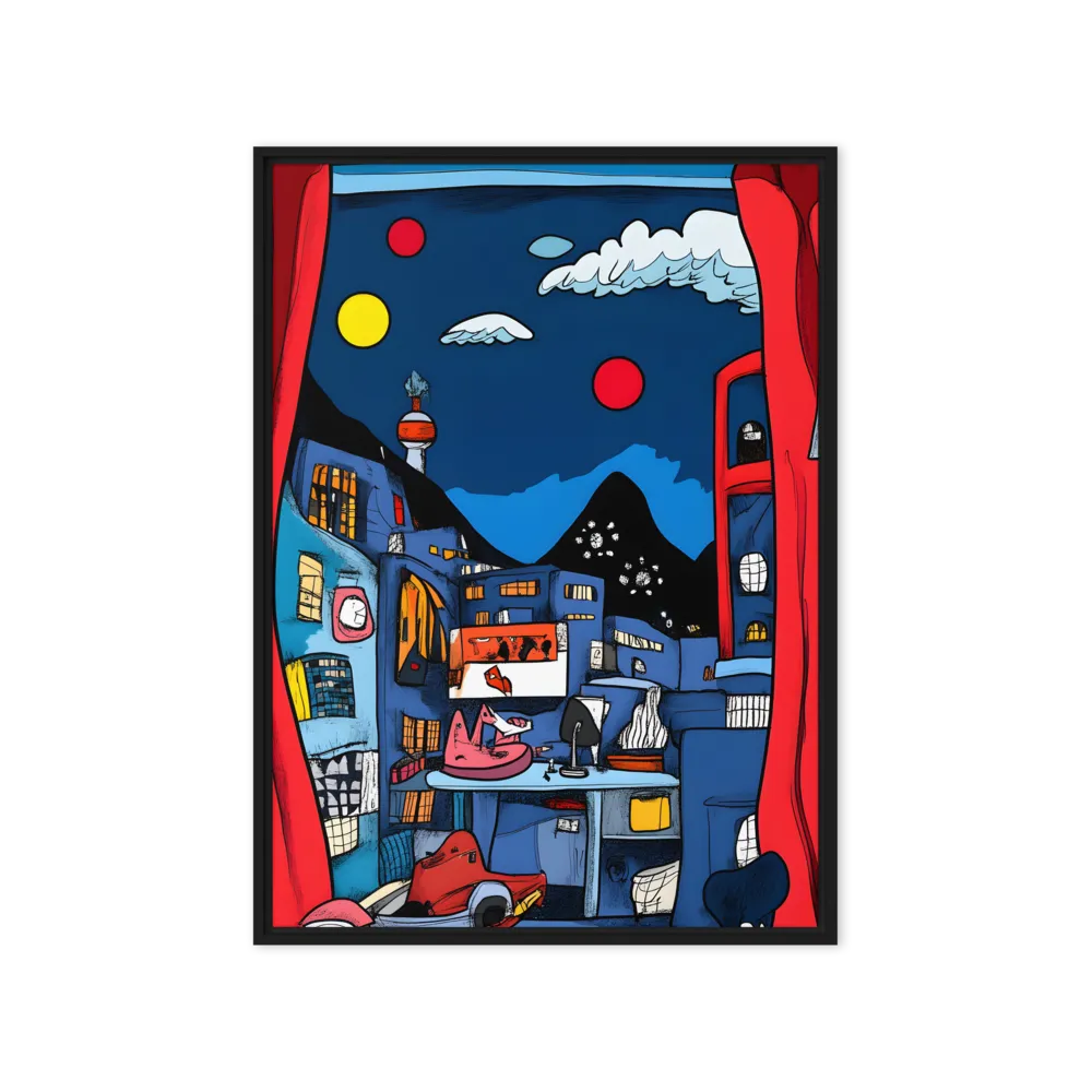 Whimsical Cityscape at Night | Canvas with Black Frame | 20″×28″
