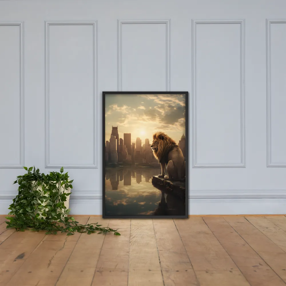 The Lion's Gaze Over the Urban Symphony | Poster with Black Frame | 24″×36″
