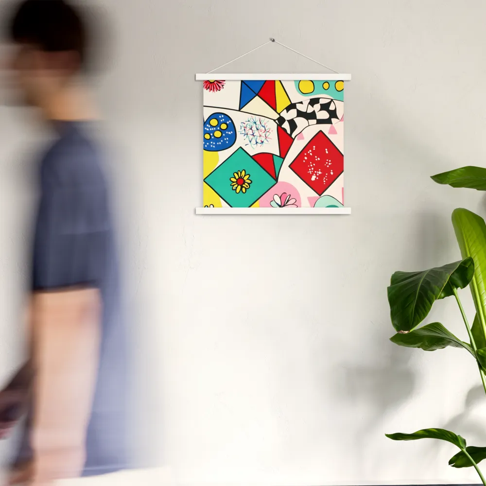 Joyful Geometry: A Playful Dance of Shapes and Colors | Poster With White Wood Hanger | 18″×18″