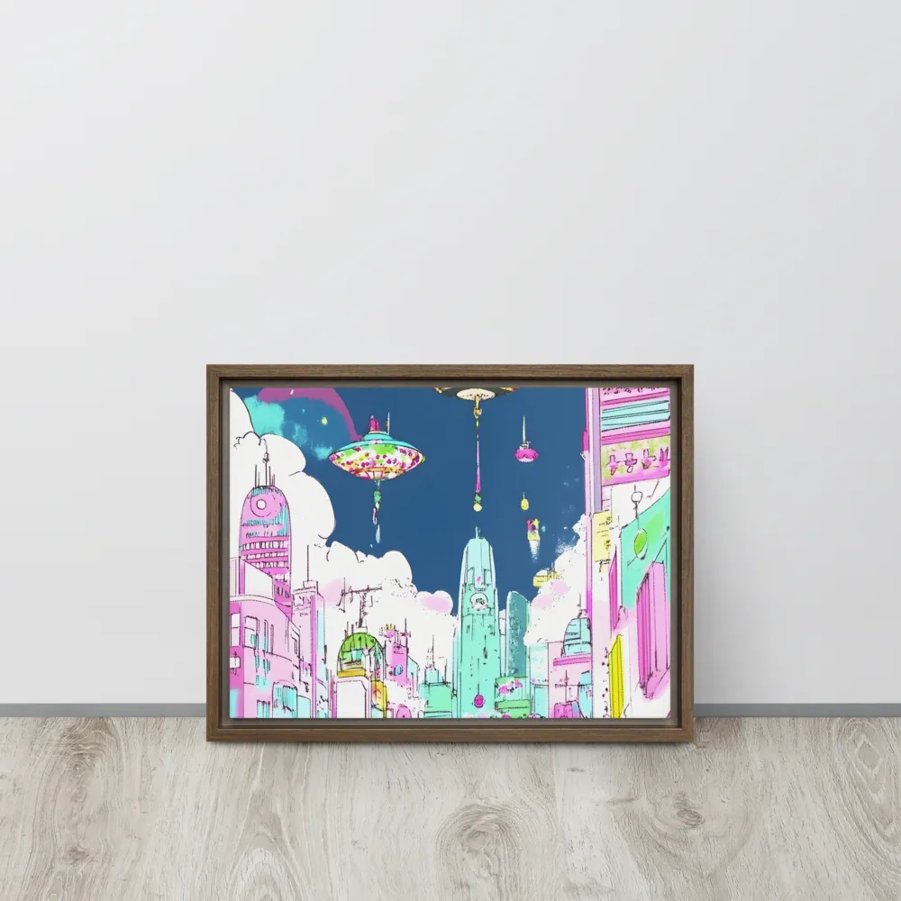 Futuristic Cityscape with Floating Structures | Canvas with Brown Frame | 12″×16″