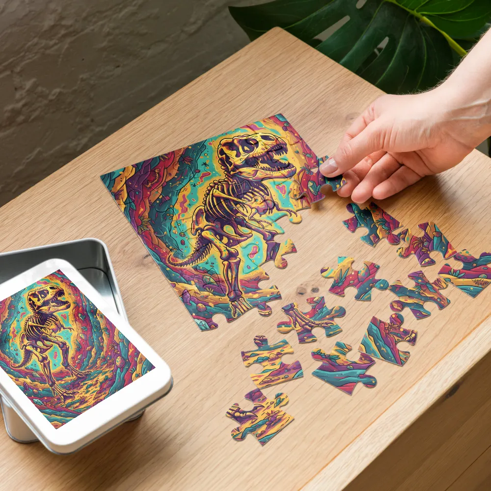 Psychedelic T. Rex Skeleton 
 Jigsaw Puzzle in Tin Box