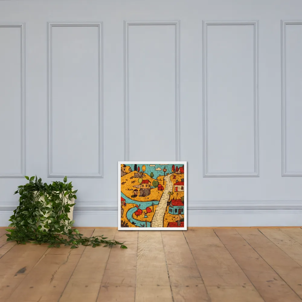 Whimsical Village Landscape | Poster with White Frame | 18″×18″