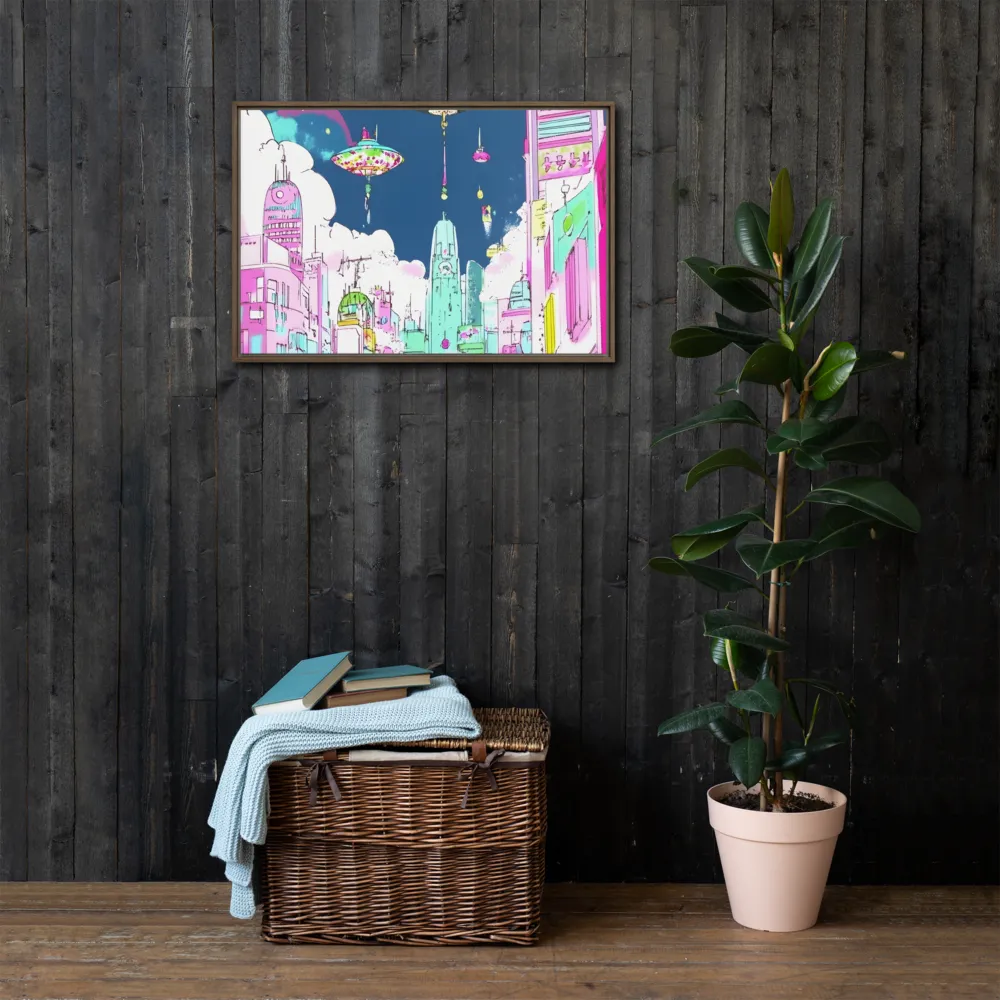 Futuristic Cityscape with Floating Structures | Canvas with Brown Frame | 20″×30″