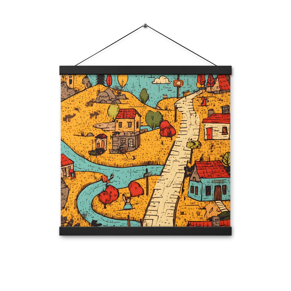 Whimsical Village Landscape | Poster With Black Wood Hanger | 16″×16″