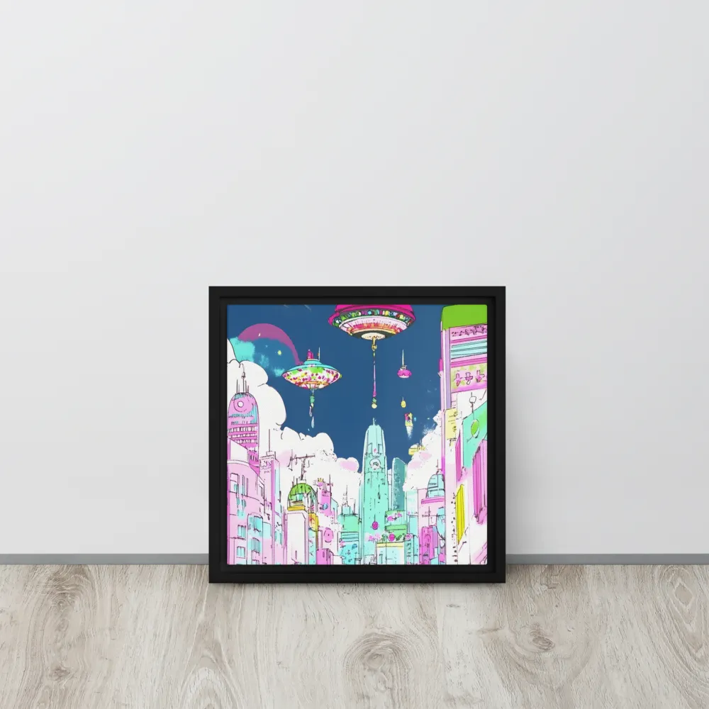 Futuristic Cityscape with Floating Structures | Canvas with Black Frame | 12″×12″