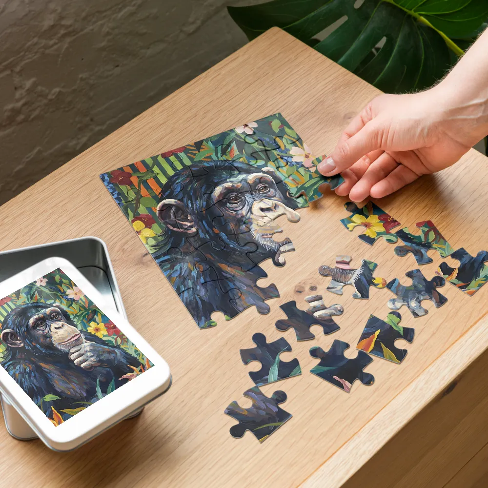 Contemplative Chimpanzee 
 Jigsaw Puzzle in Tin Box