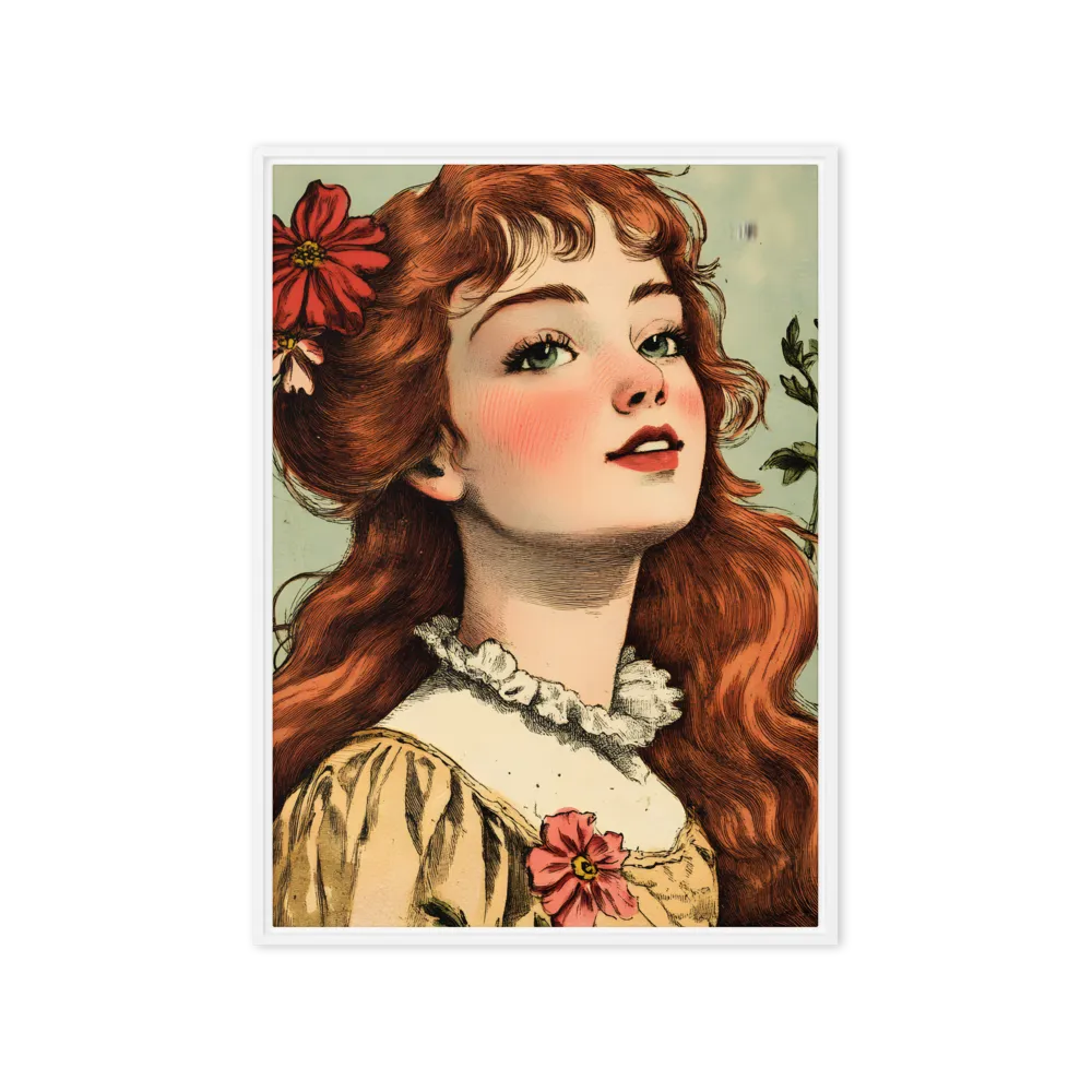 Whimsical Portrait of a Flower-Adorned Girl | Canvas with White Frame | 20″×28″