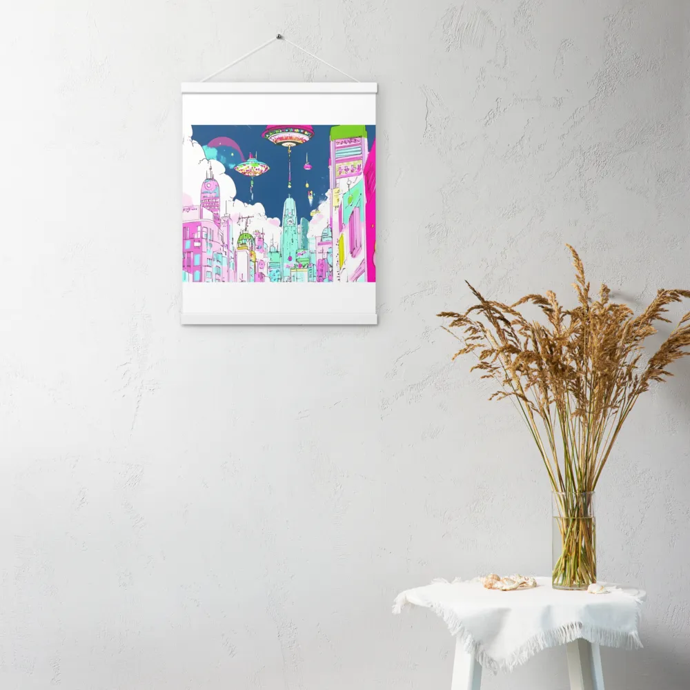 Futuristic Cityscape with Floating Structures | Poster With White Wood Hanger | 16″×20″