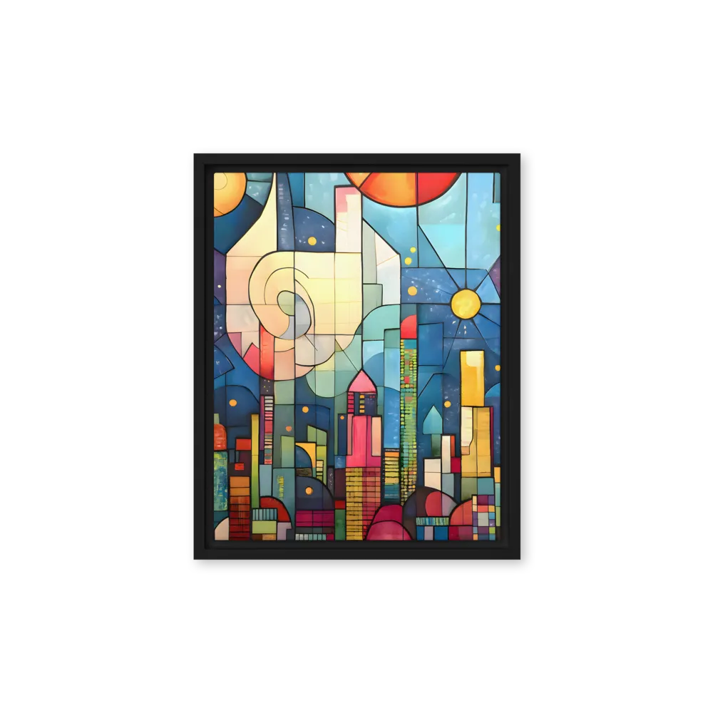 Geometric Harmony: A Vibrant Cityscape | Canvas with Black Frame | 11″×14″