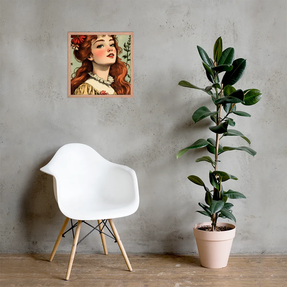 Whimsical Portrait of a Flower-Adorned Girl | Poster with Red oak Frame | 18″×18″