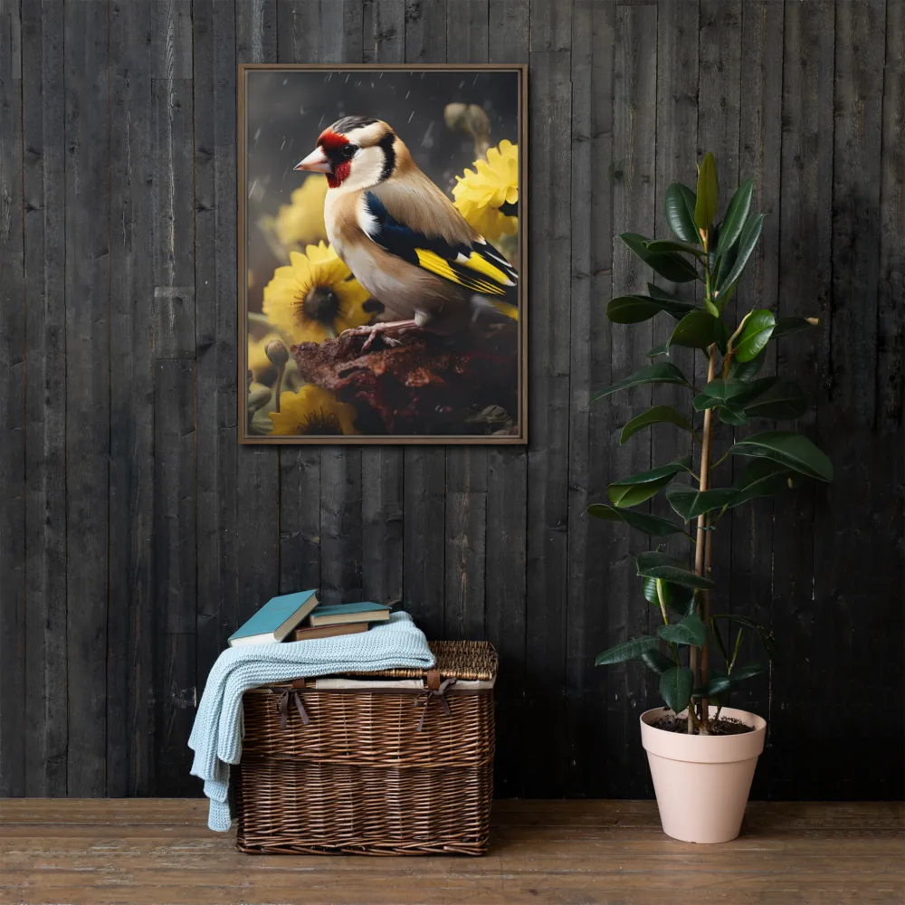 Harmony in Nature: A Goldfinch Amidst Blooms | Canvas with Brown Frame | 24″×32″