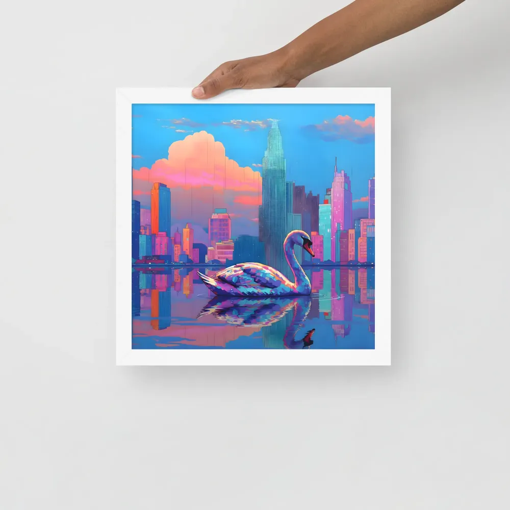 Neon Swan Skyline 
 Poster with White Frame | 14″x 14″