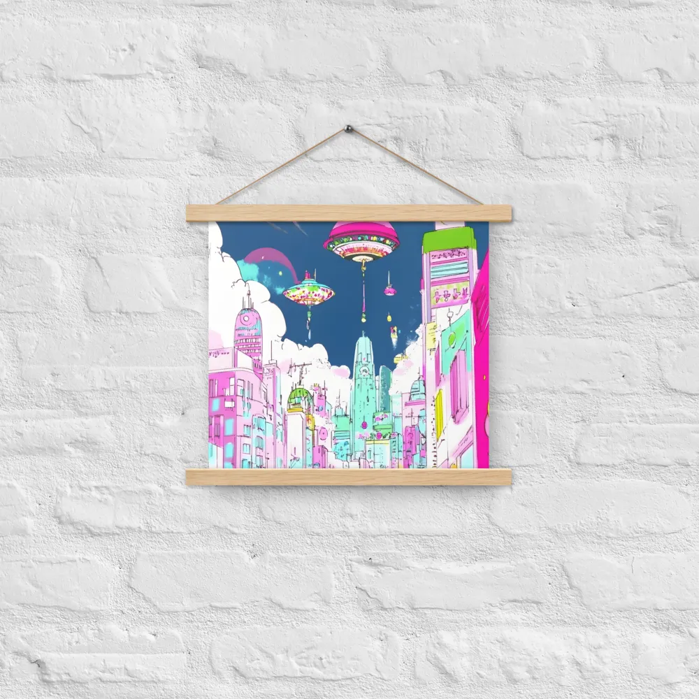 Futuristic Cityscape with Floating Structures | Poster With Oak Wood Hanger | 14″×14″