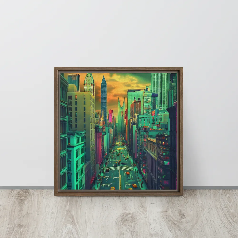 Urban Surrealism: Neon Dreams | Canvas with Brown Frame | 16″×16″