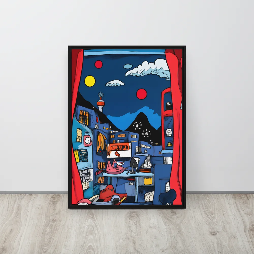 Whimsical Cityscape at Night | Canvas with Black Frame | 20″×28″