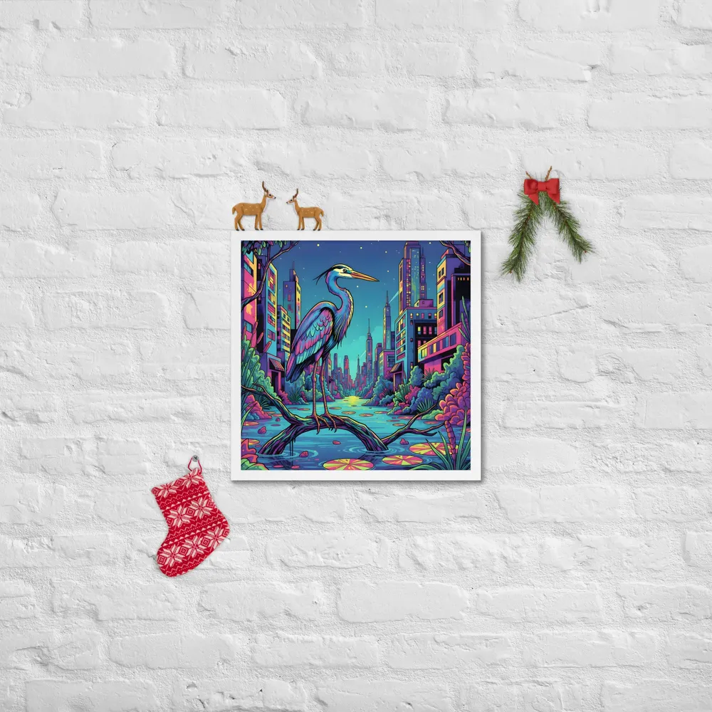 Neon Heron - Urban Twilight 
 Poster with White Frame | 18″x 18″