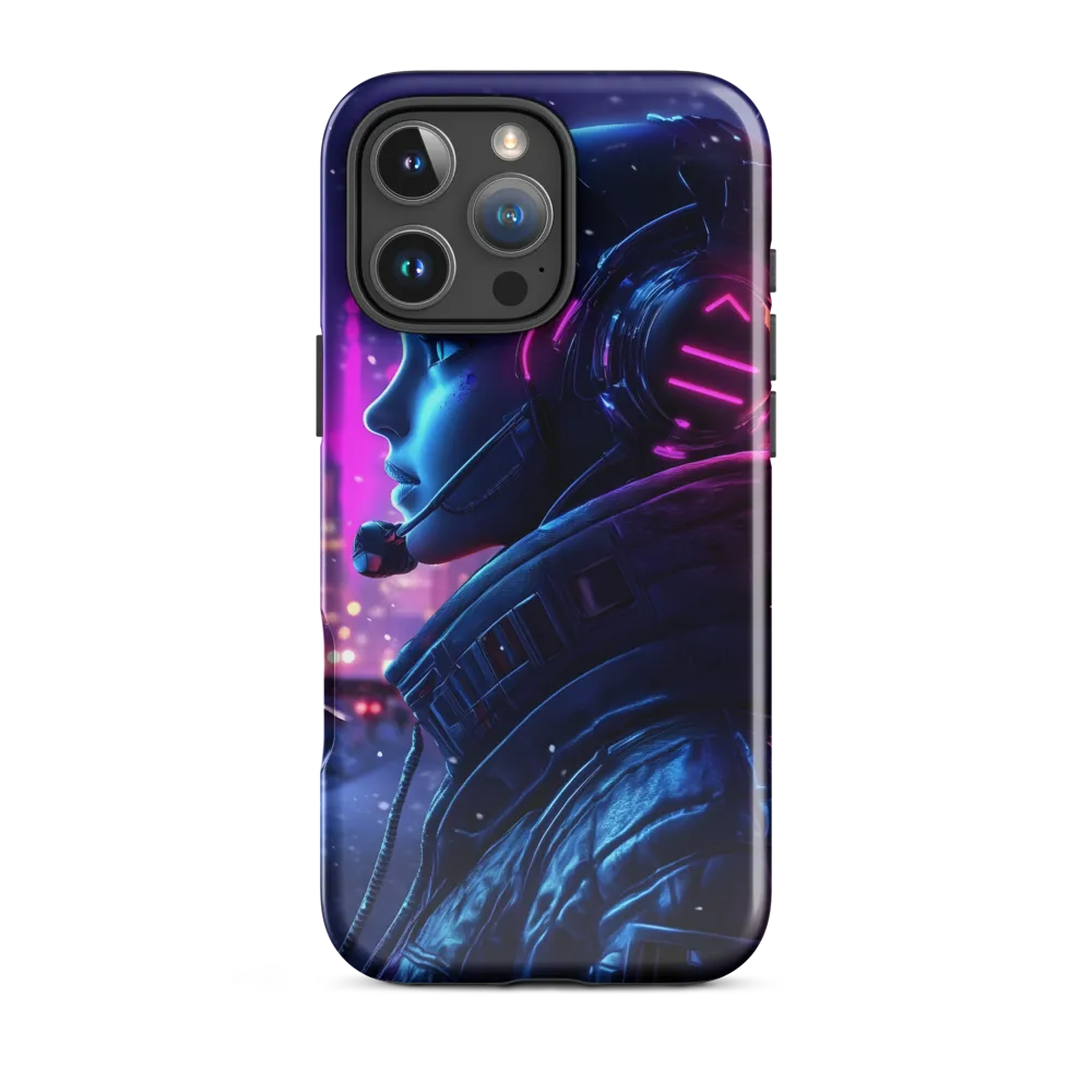 Dystopian Elegance: Cyberpunk Figure in Neon | Phone Case |  16 Pro Max | Tough Case | Glossy
