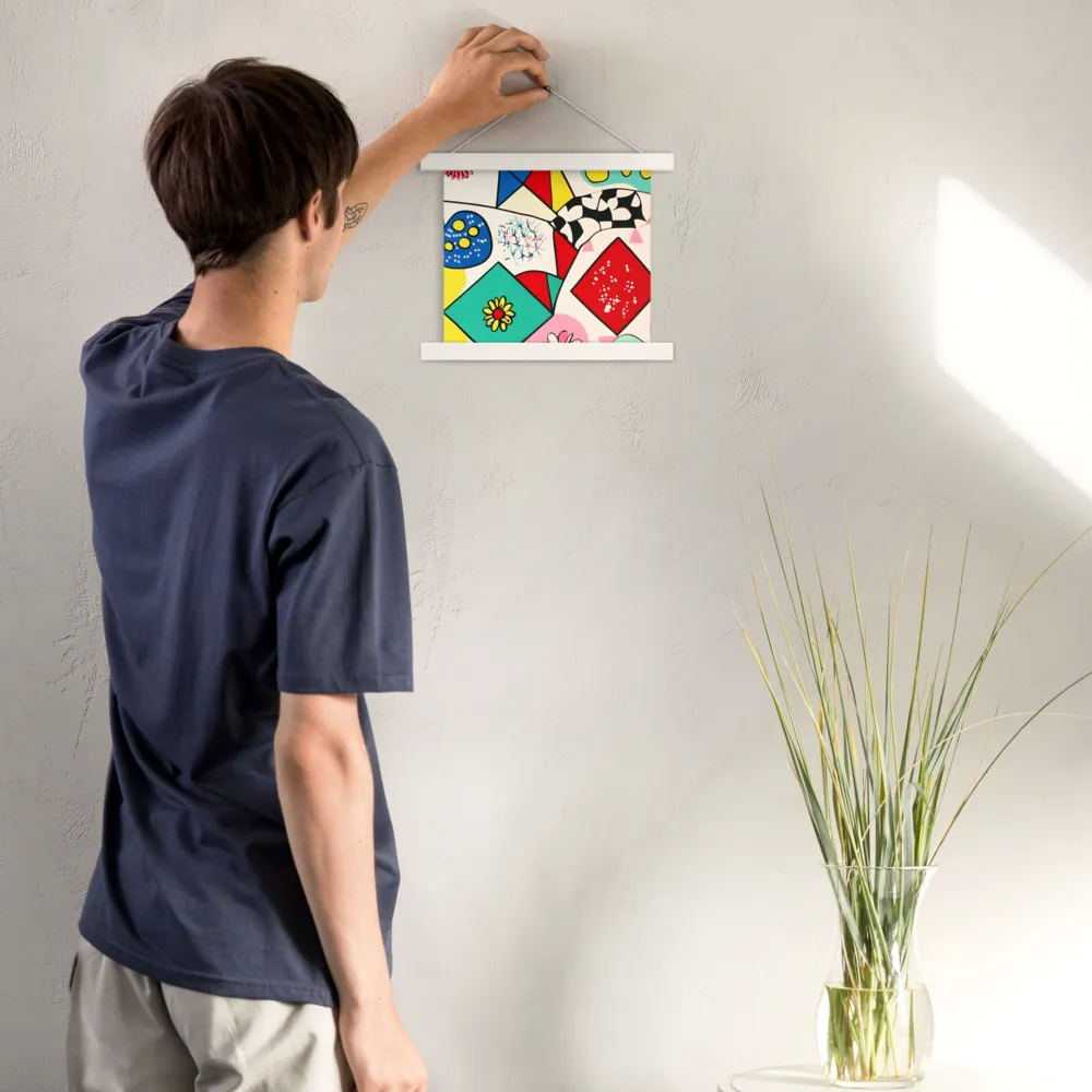 Joyful Geometry: A Playful Dance of Shapes and Colors | Poster With White Wood Hanger | 10″×10″