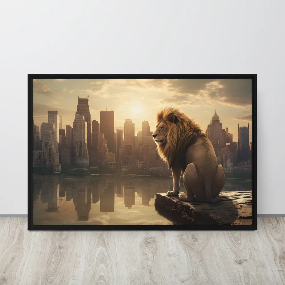 The Lion's Gaze Over the Urban Symphony | Canvas with Black Frame | 24″×36″